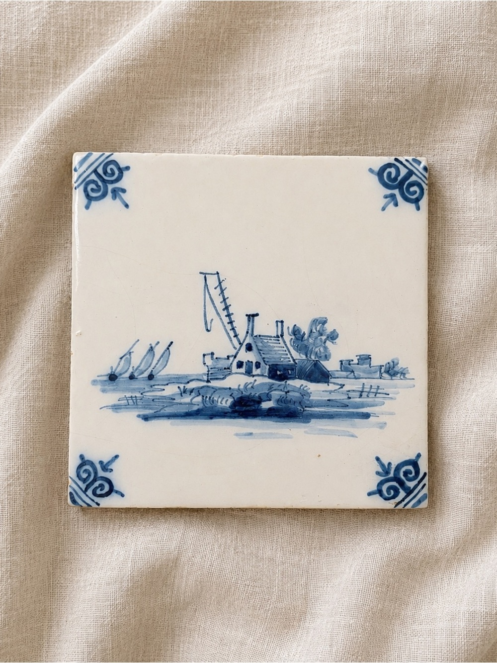 Vintage Blue & White Delft-Style Dutch Landscape Ceramic Tile